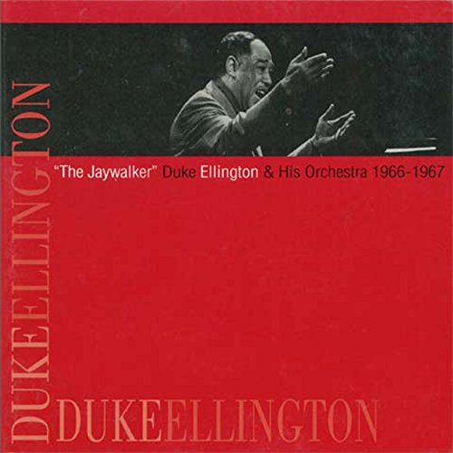 "Duke Ellington CD cover with red background and black-and-white photo of Duke Ellington conducting."