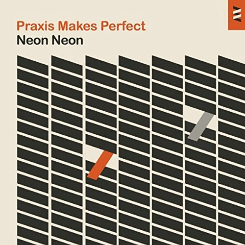 Album cover with black grid pattern and red and gray rectangles on beige background.