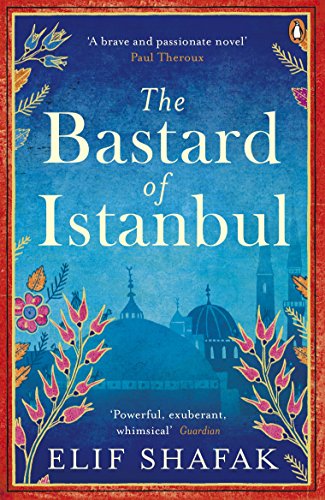 "Book cover of 'The Bastard of Istanbul' by Elif Shafak, blue background with floral border."