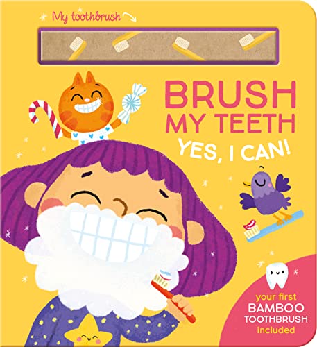 Children's book cover with a smiling cat, girl brushing teeth, and toothbrush.