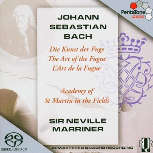 CD cover for Bach's "The Art of the Fugue" with text and faded background images.