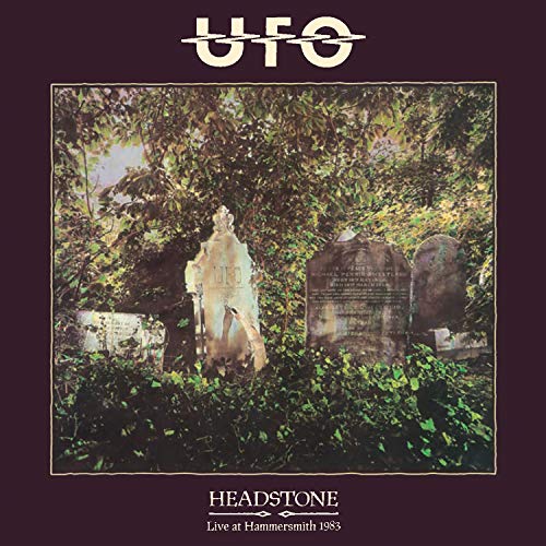 "Album cover with gravestones surrounded by foliage on a dark purple background."
