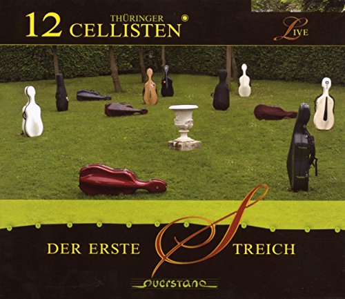 "CD cover featuring cellos arranged on a grassy lawn surrounded by trees."