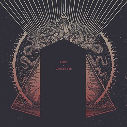"Album cover featuring a dark, abstract illustration with red and black tones and text."