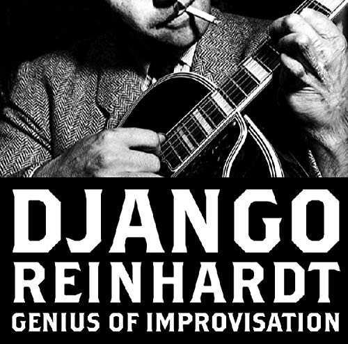 Black and white image of Django Reinhardt playing guitar, with white text on black background.