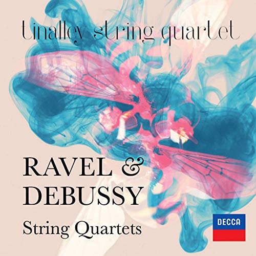 Album cover with blue and pink abstract design, text "Tinalley string quartet" and "Ravel & Debussy String Quartets".