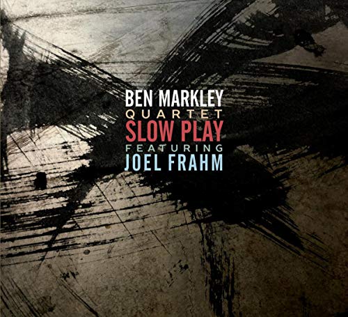 Album cover with abstract black strokes on gray background, featuring multicolored text.