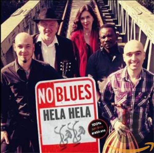 "CD cover with five musicians standing behind a red and white 'No Blues' sign."