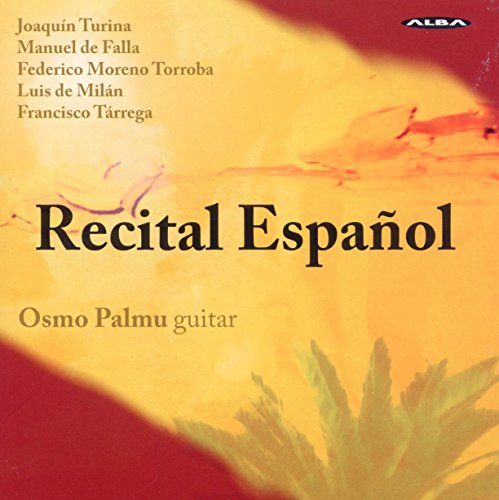 "CD cover with yellow and red abstract design, featuring 'Recital Espanol' and composer names."