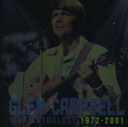 Glen Campbell playing guitar on vinyl album cover with blue and green text overlay.