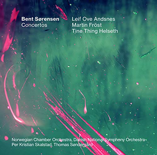 "CD cover with abstract red and green design and white text listing artists and orchestras."