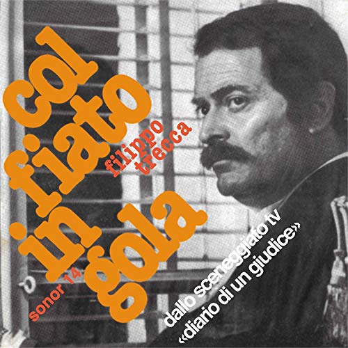 Black and white album cover with man and large orange text overlay.