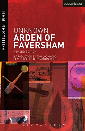 "Book cover with red background, white text, and collaged images, titled 'Arden of Faversham'."