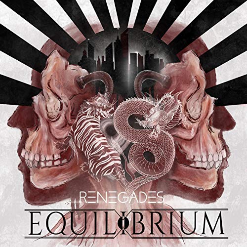 "Album cover art featuring intertwined skulls, zebra, and dragon with cityscape and sunburst."