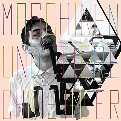 "Album cover with man singing into microphone, geometric shapes and text overlay on peach background."