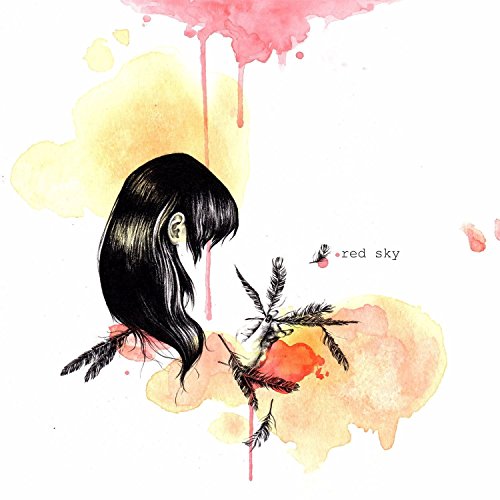 "Album cover art featuring a woman with black hair and feathers, surrounded by pink and yellow splatters."