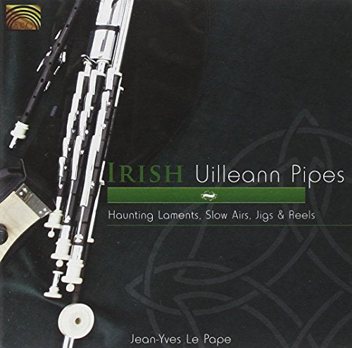 "Album cover featuring silver uilleann pipes on dark green fabric with Celtic knotwork design."