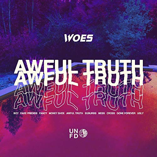 "Album cover art with 'Awful Truth' in white text on a purple-toned lake scene."