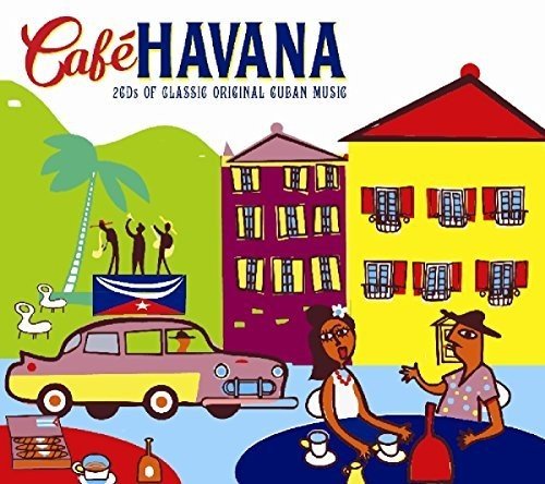 "Colorful cartoon illustration of Cafe Havana album cover with Cuban-themed scene and vintage car."