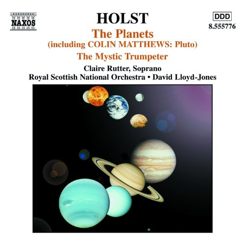 "CD cover with planets image and text describing Holst's 'The Planets' music album."