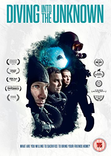 "DVD cover for 'Diving Into The Unknown' featuring three divers and film laurels."