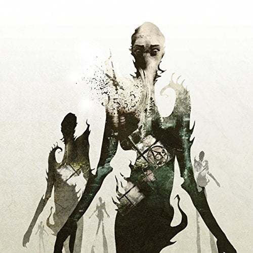 The image depicts a dark, abstract figure with multiple silhouetted figures. For accessibility purposes, a suitable alt text could be: "Dark, abstract figure surrounded by multiple silhouetted figures."