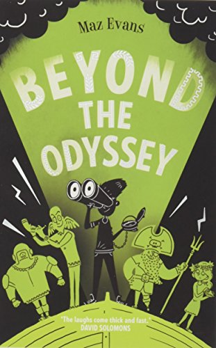 "Book cover with cartoon characters and title 'Beyond the Odyssey' in white on green background."