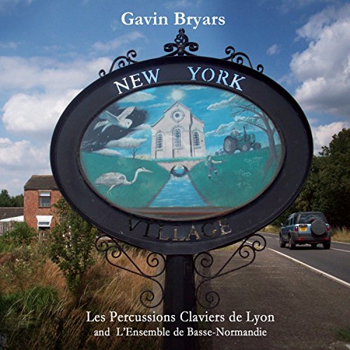 Black metal sign with painted church scene, 'New York' text, on a roadside.