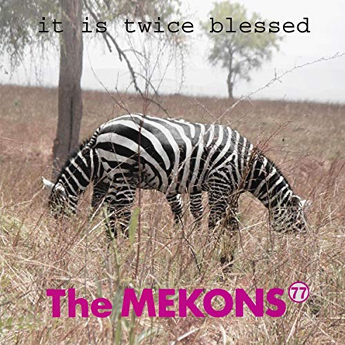 "Zebra grazing in dry field with trees, album cover with text overlay."