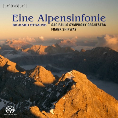 "Album cover featuring a mountain range with clouds and blue text 'Eine Alpensinfonie'."