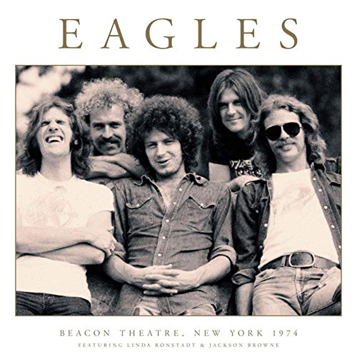 Black and white vinyl album cover featuring the band Eagles with five members.