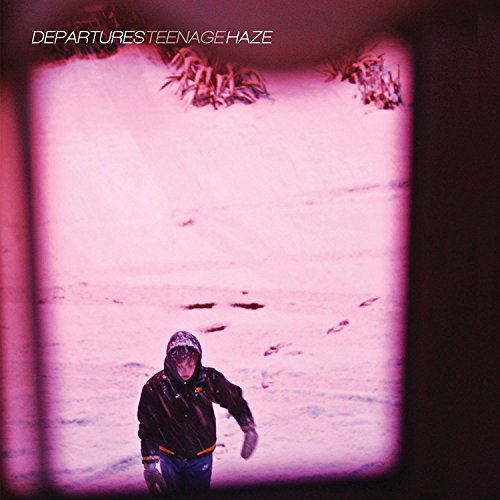 A person in a dark jacket walks through snow, viewed through a pink-tinted window frame.
