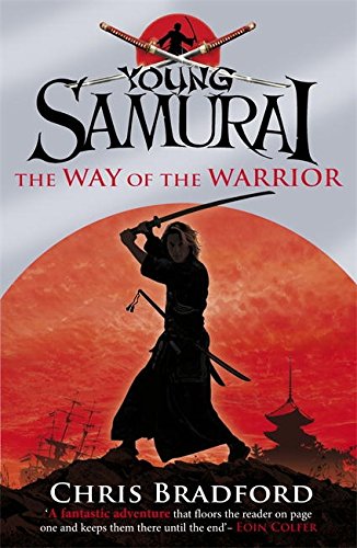 "Book cover featuring a young man's face with a sword and silhouetted samurai figure."