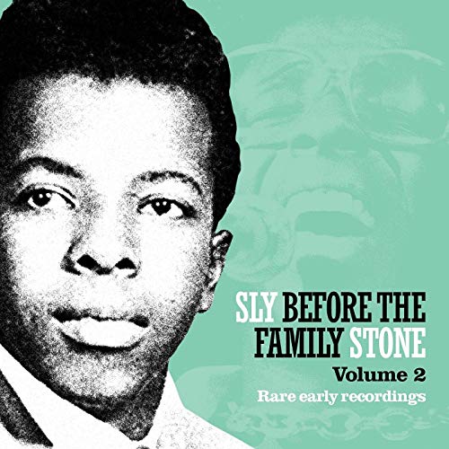 "CD cover with black and white portrait of Sly Stone on mint green background."
