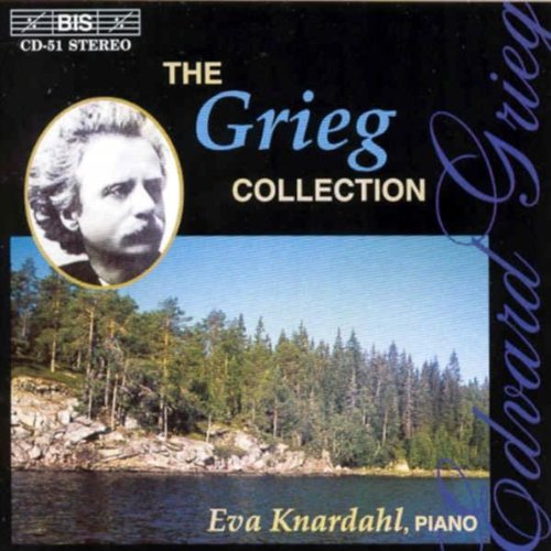 "CD cover with Edvard Grieg portrait and serene forest landscape on a black background."