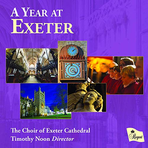 "A purple CD cover with images of cathedral and choir, titled 'A Year at Exeter'."