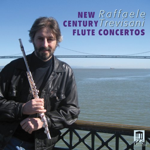 Man holding flute on a bridge overlooking water, with text "New Century Flute Concertos".