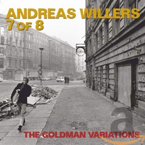 Album cover with black-and-white city street image, man walking, and bold yellow and red text.