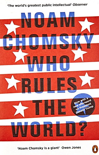 "Book cover with red and white stripes, featuring title 'Who Rules the World?' by Noam Chomsky."