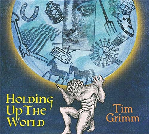 "Album cover with man holding globe, surrounded by various symbols, on blue background."