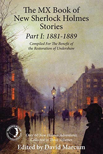 Book cover with Victorian street scene and Sherlock Holmes silhouette.