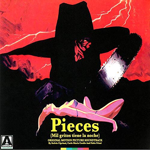 "Vinyl soundtrack cover for 'Pieces' with a hooded figure holding a chainsaw."