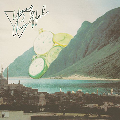"Album cover with 'Young Buffalo' text, pocket watches, and a cityscape with mountains."