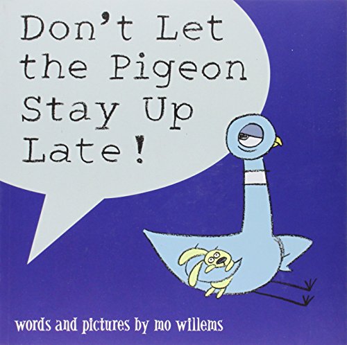 "Children's book cover featuring a cartoon pigeon in a night sky, with a speech bubble."