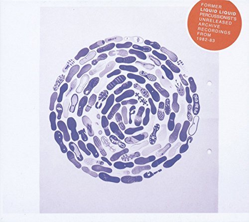 "CD cover with spiral design of blue footprints on white background, orange circle in corner."