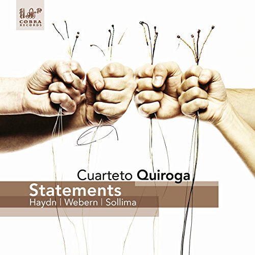 "CD cover featuring four fists holding flower stems, with text 'Cuarteto Quiroga Statements'."