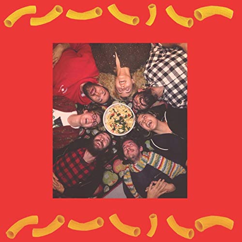 Red album cover with a group of people around a bowl of macaroni.