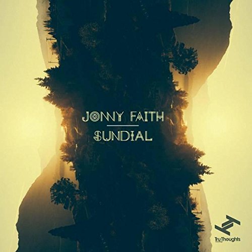 "Album cover with 'Jonny Faith Sundial' text, featuring a silhouette of trees against a yellow background."