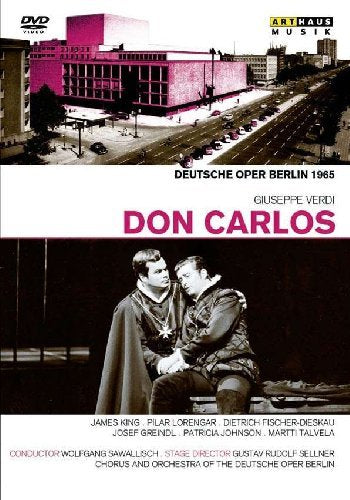 DVD cover for "Don Carlos" opera, featuring black and white and pink images.