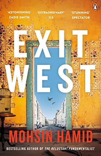 "Book cover with 'EXIT WEST' in large white text, ornate doorway, and city street scene."